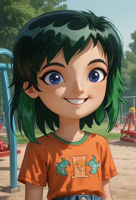 score_9, score_8_up, score_7_up, source_cartoon, highly detailed, intricate detail, high quality, HD, 8k, award-winning, masterpiece, ((upper body)), ((2d)), ((cartoon)),
((standing in a school playground, happy)), diffuse lighting, ((perfect face, detailed face)),
((portrait photo)),
1girl, solo, ((female focus)),
((bllyw00djasmine8j4d0c, blue eyes, black eyes, green hair, black hair, multicolored hair, two-tone hair, orange t-shirt, short sleeves, jeans pants, long pants, sneakers)),