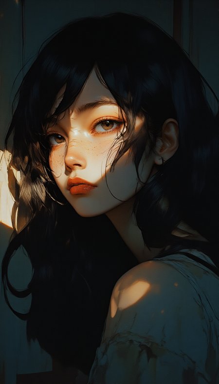 breathtaking cinematic photo This is a photograph featuring a close-up of a young woman's face, illuminated by a single, warm light source from the left. The light creates a dramatic contrast, casting deep shadows on the right side of her face, emphasizing her cheekbones and the contours of her jawline. Her skin appears fair and smooth, with a slight sheen from the light. She has straight, dark brown hair that falls over her forehead and partially obscures her eyes, which are gazing directly at the camera with a contemplative expression. Her lips are slightly parted, giving a sense of vulnerability or introspection. The background is dark and indistinct, with hints of indigo and muted colors, making the subject stand out sharply. The texture of her hair appears soft and natural, with subtle highlights and lowlights visible in the light. The overall mood of the photograph is intimate and moody, with a strong emphasis on the interplay of light and shadow. The photograph captures a moment of quiet contemplation or introspection, with the lighting and composition drawing the viewer's attention to the subject's face and expression.
  <lora:detailed_v2_flux_ntc:1> <lora:aidmaMJ6.1:1> <lora:Illustration_concept:0.9> . 35mm photograph, film, bokeh, professional, 4k, highly detailed . award-winning, professional, highly detailed