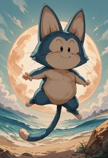 (score_9, score_8_up, score_7_up:1.3), (puar:1.0), in beach, Puar from dragonball floating in the air, cute anthro masterpiece, random place, Full color, amazing lighting, highly quality, highres,  abstract background