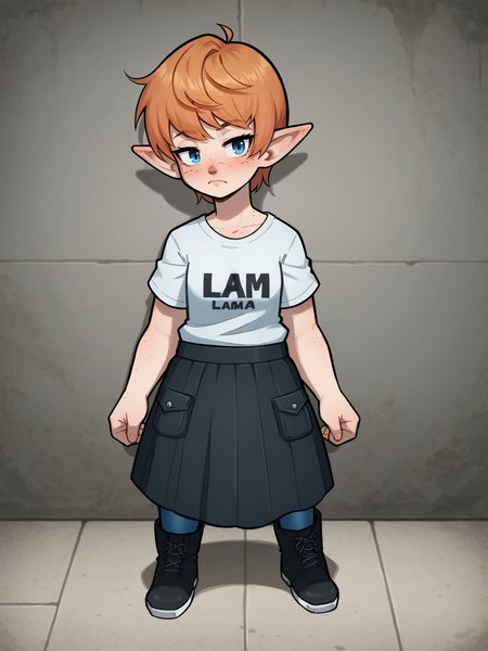 score_9, score_8_up, score_7_up, score_6_up, 1girl, solo, high quality, absurdres, detailed, fine fabric emphasis,
<lora:WossaRem v2:0.9>, wossarem, black t-shirt, black overall skirt, blue pantyhose, work boots, <lora:PopipiDT_v1-20:0.8> popipi, lalafell, pointy ears, orange hair, freckles, short hair, blue eyes, brown nose