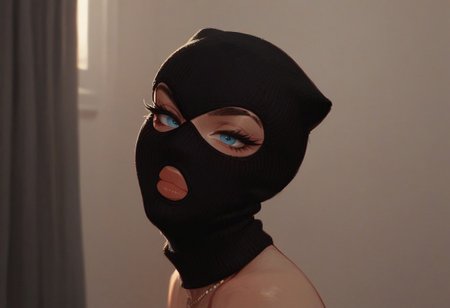 score_9, score_8_up, score_7_up, score_6_up,
rating_explicit, 1woman, sexy thief, black mask,  threeholkn1tskimask,  big natural lips, thick eyelashes, light-blue eyes, looking at viewer, naughty, closet mouth, from side, close-up,  focus on eyes