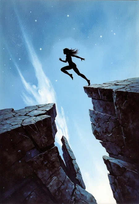 fantasy oil painting in the style of fr4z3tt4, She danced on the precipice of a fractured reality, her silhouette a fleeting echo against the pale azure sky. Her movements, a mixture of floating and running, defied the laws of the cosmos; a surreal ballet in the vast, star-dusted nothingness. Below, a fractured, dark plane, like the shattered remains of a forgotten world, stretched out. She wasn’t just running, but leaping towards the ethereal light beyond a cavernous opening. Her form, a dark silhouette, was both graceful and determined. Her journey, a dreamlike quest, seemed fueled by a longing for the unseen world beyond the fissure. The broken, dark surface seemed to tremble beneath her flight, as if the very fabric of reality shuddered with each movement. Each star, each speck of light, twinkled with an unspoken mystery. dark scene is infused with a sense of gentle magic and quiet enchantment, achieved through a warm color palette and intricate colored ink work. reminiscent of fantasy book illustrations from the early 20th century, with a touch of the charming simplicity found in the work of Arthur Rackham, and hints of the muted color palettes and delicate detail of a watercolor painting by a 19th-century artist