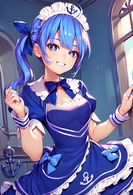 score_10, score_8_up, score_7_up , source_anime , <lora:Anime Pinups XL-v1:0.7> , <lora:naipf> , <lora:CHAR-HoshimachiSuiseiPonyXL:1>,1girl , SuiseiBase  , side ponytail , maid headdress , blue dress, puffy short sleeves, blue bow, anchor symbol , wrist cuffs, blue ribbon , maid , blue bowtie, frilled dress, blue nail polish, blue nails, dress bow, anchor print , blue hair , star eyes , smile , Oshi no ko eyes ,