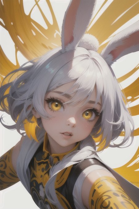 masterpiece, best quality, (rabbit) bunny, large eyes, (cartoon), splashing, abstract, psychedelic, (neon:0.8), extremely detailed, (white background:1.3), ink, (creative:1.3), intricate detail, (pretty face), dynamic lighting, natural lighting, (yellow:1.3), photorealistic, sy3 <lora:Sy3:0.4> <lora:ink-0.1-3-b28-bf16-D128-A1-1-ep64-768-DAdaptation-cosine:1>