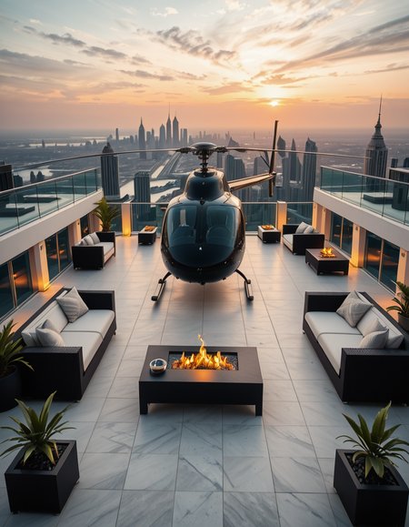 A high-resolution photo of a luxurious rooftop of a five-star hotel at sunset, featuring a sleek helipad with a high-end, matte-black private helicopter elegantly parked. The rooftop is designed with ultra-modern architecture, featuring a spacious terrace with infinity-edge glass railings, ambient lighting, and a panoramic city skyline in the background. The surface of the helipad is clean, polished concrete with clear illuminated markings. Surrounding the helipad, there are lounge areas with modern outdoor furniture, minimalist fire pits, and decorative planters with tropical greenery. The lighting is warm and golden, casting soft shadows and highlighting the contours of the helicopter and the textures of the rooftop. The sky is dramatic, painted with hues of orange, pink, and violet, creating a cinematic atmosphere of luxury and exclusivity. The overall mood is elite, calm, and aspirational, showcasing the ultimate in urban luxury lifestyle.
<lora:SDXLFaeTastic2400:0.4> <lora:extremely_detailed:0.4> extremely detailed,helipad r00ft0p <lora:helipad_r00ft0p-i:1>, Masterpiece,best quality,hi res,8k,hi res,8k,award winning,(sharp focus, intricate, highly detailed),