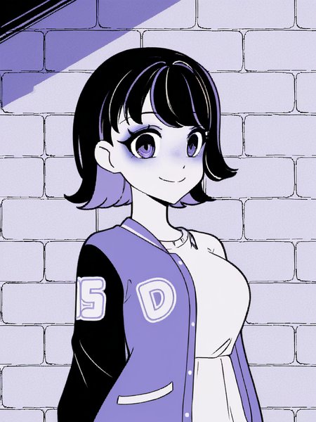1girl, monochrome, purple theme, 

black hair, medium hair, two tone hair, purple hair,

standing, brick wall, smile, looking at viewer, upper body,

white t-shirt, varsity jacket, 
