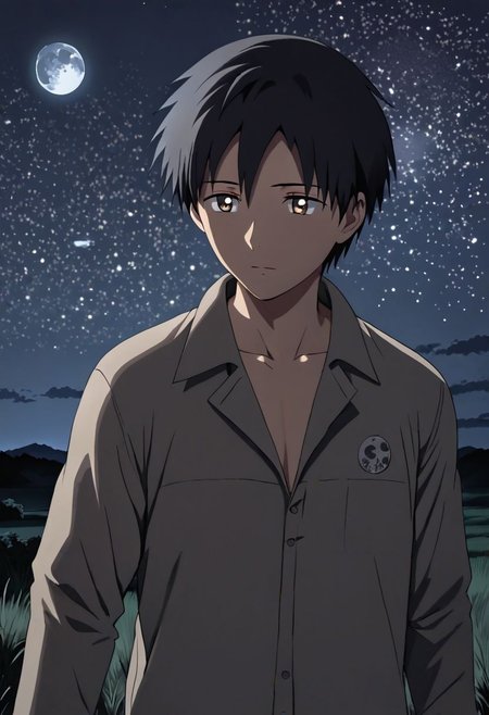 high resolution, solo, best quality, 1Boy, Takaki Toono, Brownish Hair, Brown Eyes, open space, night sky, moon, OverallDetail