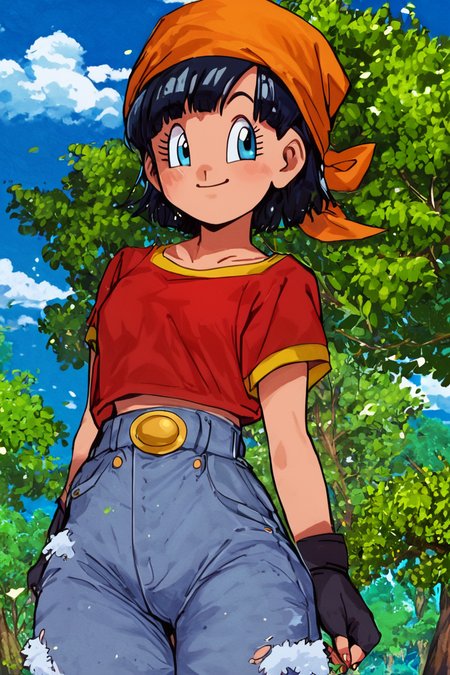 score_9, score_8_up, score_8, medium breasts, (curvy), cute, eyelashes,       BREAK, , zzPan, black hair, short hair, bandana, gloves, fingerless gloves, red shirt, denim pants,  <lora:Pan_Dragonball_PDXL:0.8>, , BREAK, smile, looking at viewer, cowboy shot, outdoors, sky, day, cloud, tree, blue sky, sunny,  Expressiveh, <lora:Alola_Style_PDXL:0.8>,  <lora:Expressive_H-000001:0.4>,