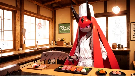 masterpiece, best quality, absurdres, very aesthetic, high quality, highres,
 <lora:Splatterina:0.7> Splatterina, red hair, horns, colored sclera, pink eyes, pokemon (creature), cleaver,
chef hat, apron, 
 <lora:nigirizushi:0.2> nigirizushi, food, japanese restaurant, counter, showcase, omakase, sushi plate, behind counter, cutting fish with clever, looking at viewer, solo, indoors, window, lens flare,