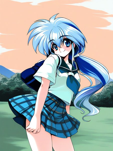 score_9, score_8_up, score_7_up, source_anime, rating_explicit, BREAK  <lora:Ryuho_QOD_XL:1> Ryuho_QOD, light blue hair,  blue eyes,  long hair, small breasts,  two-tone hair,  1990s \(style\), low ponytail,
school uniform, checked skirt, 
outdoor, sky,
smile,
looking at viewer, 
cowboyShot,