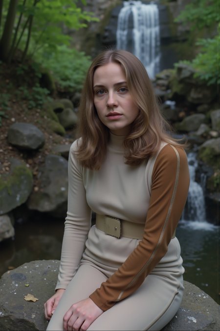 a young finnish woman with goth makeup wearing beige s1999unf with right brown sleeve is sitting on a rock near a forest waterfall<lora:S1999_FLUX><lora:aidmaMJ6.1-FLUX-V0.1:0.6><lora:Movie_Portrait><lora:Flux DetailerV2>