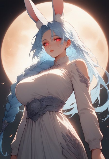score_9_up, score_8_up, score_7_up, source anime, ultra detailed eyes, 
Pekomama, mature female, red_eyes, light blue hair, long hair, single thick braid, large breasts, rabbit-shaped pupils, animal ear fluff, rabbit ears, rabbit girl,
negative_hand, 				
create (extremely detailed), (vibrantly colourful illustration, dynamic lighting), goddess flying above the ocean 1girl, artistic use of contrasting colours and brightness, beautiful face, (dragons glowing under water:1.2), two broken moons can be seen in the sky, fullbody, dress very fine detail, cinematic composition and lighting, digital art