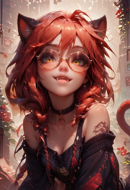 score_9, score_8_up, score_8, score_9, glasses, tattoo, choker, red bow, freckles, piercing, cat ears, tail, cat paw, red bow on hair, cat girl, fangs, nekomiyahinata, perfecteyes