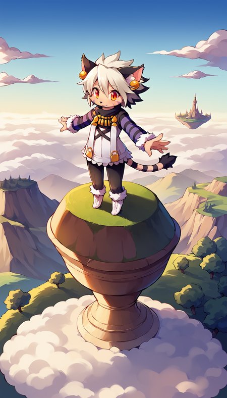 score_9, score_8_up, score_7_up, source_anime
BREAK
<lora:ElhPDXL:1> elh, 1girl, solo, furry female, cat girl, full body, standing, standing on tiny island, sweatdrop, balancing, arms outstretched, looing down, nervous, :o,  cute, red eyes, orange eyes, body fur, elhattire, fur-trimmed sleeves, fur trim,  black pants, white boots, cat ears, white hair, short hair, shiny hair, earrings, facial mark, animal nose, striped tail, striped sleeves, floating island, (above clouds:1.2), tree, scenery, landscape, cloud, blue sky