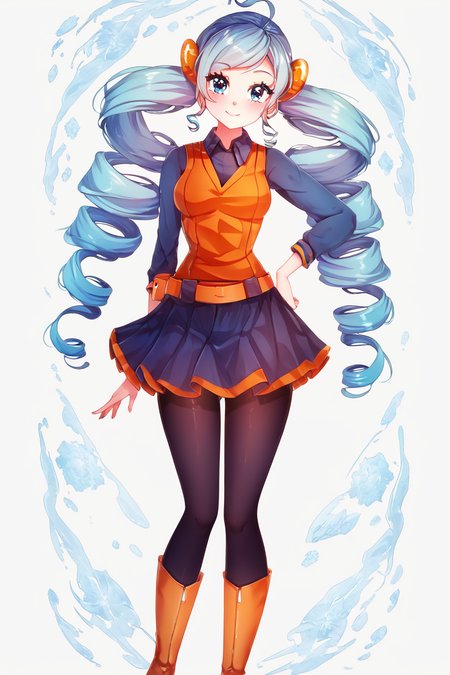 score_9, score_8_up, score_8, medium breasts, (curvy), cute, eyelashes,       ,,, , ,,, zzABW, blue hair, blue eyes, drill hair, orange vest, belt, skirt, black pantyhose, knee boots, scrunchie,  <lora:AceTrainerBW_Pokemon_PDXL:0.8>,  ,,,, BREAK, smile, closed mouth, looking at viewer, cowboy shot, ,,, embedding:zPDXL, Expressiveh, ,,, <lora:Puppypaww_Style_PDXL_v2:0.8>, <lora:SDXLFaeTastic2400:0.5>, <lora:Expressive_H-000001:0.4>,