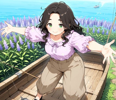 PonyScores7, source_anime, ah1, IllustriousQual, <lora:natsumi_style:0.5>, <lora:by_usakun-pony:0.4> by usakun, <lora:Akina_Bbw_Style_-_PonyXL:0.2> AkinBw
BREAK 1girl, (curly hair), long hair, (black hair:1.3), mature female, (parted hair:1.7), (round face:1.2), (thick eyebrows:1.3), (curvy), round-chin, (greenish brown eyes:1.4), (colorful eyes:1.3), (multicolored eyes:1.3), caucasian, (downturned eyes:1.4), (plump face), messy hair, <lora:Round_face:0.1>, <lora:ETO_OCPonyXL:0.5> eto_oc, skindentation, (plump), thick thighs, wide hips, busty, voluptuous, kinky curls, lips, <lora:venus body PonyXL:0.4>,  ((Smiling face with smiling eyes), (arms stretched wide, body leaning slightly back, legs apart, exuberant and expressive body language), (fishing boats at the harbor)), looking at viewer, ((pale Yellow, Lavender, and Light Grey soft peach floral blouse with high-waisted trousers and black pumps))
BREAK <lora:xl_more_art-full_v1:0.2>, <lora:shinyskin2:0.2> glistening skin, <lora:aesthetic_anime_v1s:0.2>, <lora:Expressive_H:0.2> Expressiveh, <lora:hairdetailpxl:0.2> hairdetailpxl, <lora:EpicF4nta5yXL:0.2>, <lora:detailxl:0.2> detailxl, <lora:Fant5yP0ny:0.2>, best quality, amazing quality, best aesthetic, absurdres, <lora:expressive eyes:0.2> expressive eyes, <lora:eyedetailpxl:0.2> eyedetailpxl, illustration, Volumetric_Lighting, ultra-detailed, very aesthetic, intricate details, 8k, masterpiece, best_quality 
BREAK (Eye-level angle view Extreme Close shot), (zoom out:1.5)
BREAK <lora:Eyes_High_Definition:0.3> EyesHD, Stable_Yogis_PDXL_Positives, AS-Adult, <lora:Complicated fantasy portrait - XL Pony V2.0:0.4>, bad-hands-5, <lora:HDA_Detailer:0.2>, HDA_FatGirlXL,