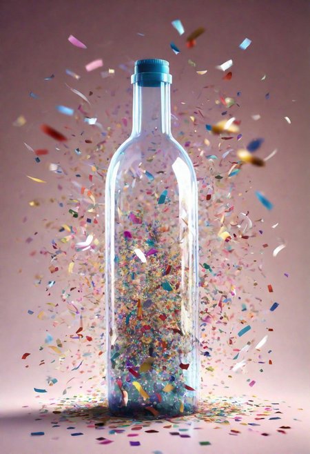 confetti explosion inside a large transparent bottle,