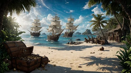 (illustration:1.2), (beautiful caribbean beach pirate landscape), fantasy, sharp focus, (ultradetailed), (ship galleon:1.2), pirate (village), leafy beach coast, (treasure chest with coins, gems and jewels, rum barrel, best quality masterpiece, bright sunny sky, backlight, natural lights, high contrast, hdr, shadows, pretty, beautiful, (PirateDiffusionprt:0.5), <lora:Pirate:0.3> PrateT <lora:PirateRealms:0.3> <lora:Detail Tweaker LoRA add_detail:0.7> <lora:depth_of_field_slider_v1:5> <lora:SDXLrender_v2.0:0.8>