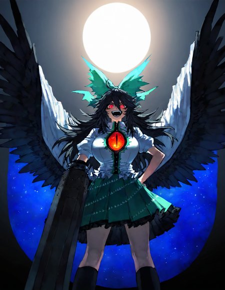 touhou, reiuji_utsuho,1girl,black_footwear,black_hair,black_socks, black_wings ,bow, cape ,feathered_wings, glowing, glowing_eyes, green_bow ,green_skirt ,hair_bow ,kneehighs, long_hair, looking_at_viewer ,red_eyes ,shirt ,skirt ,socks, solo ,starry_sky_print, sun ,teeth ,third_eye, white_shirt, wings, cowboy_shot, face focus, gunbuster_pose ,laughing , open mouth, upper_teeth_only,
(masterpiece, best quality, high quality, absurdres, highres, newest, very awa),(zyugoya:0.8),quasarcake:0.7, Fishine,