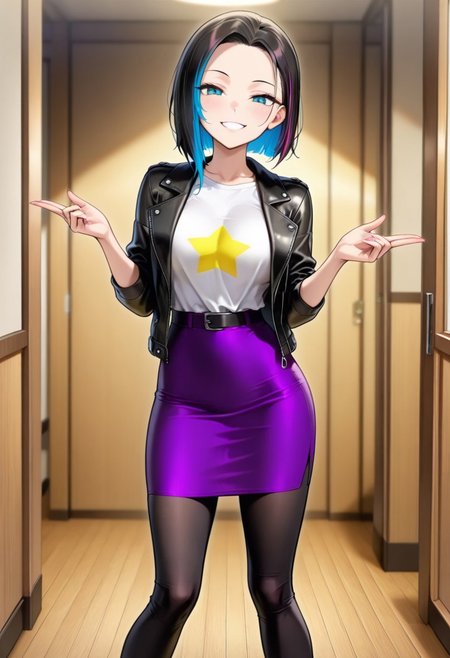 masterpiece, good quality, best quality, dynamic view, original style, screencap, TDPstyle
Claudia, blue eyes, black hair, multicolored hair, black leather jacket, white shirt, star shirt, purple skirt, black leggings, medium breast,
(solo, seducing, sexy pose, dynamic pose, looking at viewer, aroused,)