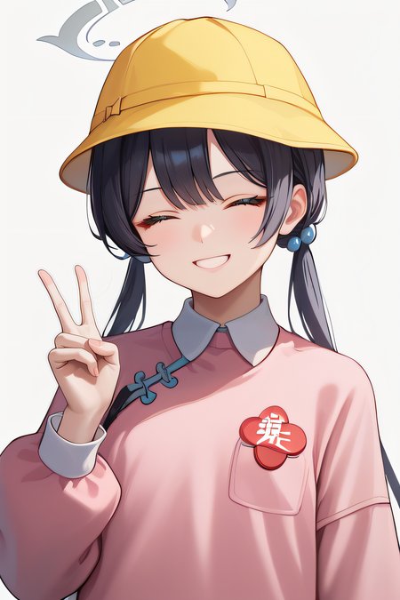 score_9, score_8_up, score_7_up, source_anime, rating_safe, intricate details, 1girl, solo, <lora:Kisaki_V2:1>, kisaki, black hair, low twintails, closed eyes, halo, school hat, yellow hat, kindergarten uniform, collared shirt, pink sweater, red name tag, flat chest, looking at viewer, indoor, smile, five fingers, peace sign, teeth, grin, upper body