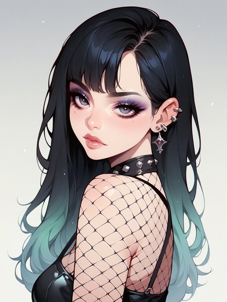 source_anime, score_9, score_8_up, score_7_up, score_6_up, score_5_up, <lora:egirlXLP:0.8> egirl, 1girl, solo, makeup, black hair, gradient hair, ear piercing, eyeshadow, fishnet pantyhose,