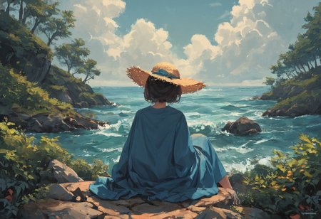 score_9, score_8_up, score_7_up,  score_6_up, score_5_up, The image is a painting of a woman sitting on a rock by the ocean. She is wearing a blue dress and a large straw hat with a blue ribbon tied around it. The woman is facing away from the camera, with her back towards the viewer. The ocean is visible in the background, with small waves crashing onto the shore. On the right side of the image, there is a rocky shoreline with trees and bushes. The sky is blue and the overall mood of the painting is peaceful and serene. The painting is done in a realistic style, with loose brushstrokes and vibrant colors.