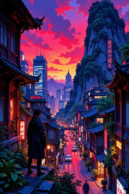 dystopian city beautiful landscape, dusk, woman, very intricate, very detailed, sharp, bright, colorful, <lora:Hand v2:0.5> <lora:Anti-Blur:1><lora:Insane Detail Slider:0.25>  <lora:flux.1_lora_flyway_Epic-detail_v2:0.3> <lora:fluxenhancer:0.25> <lora:ROWER:0.6> <lora:flux-charmer-v1-1:0.4><lora:Vibrantly_Sharp_style_v.5:0.4> <lora:realanime:0.7> <lora:Chinese_Ink:0.3> chinese ink style