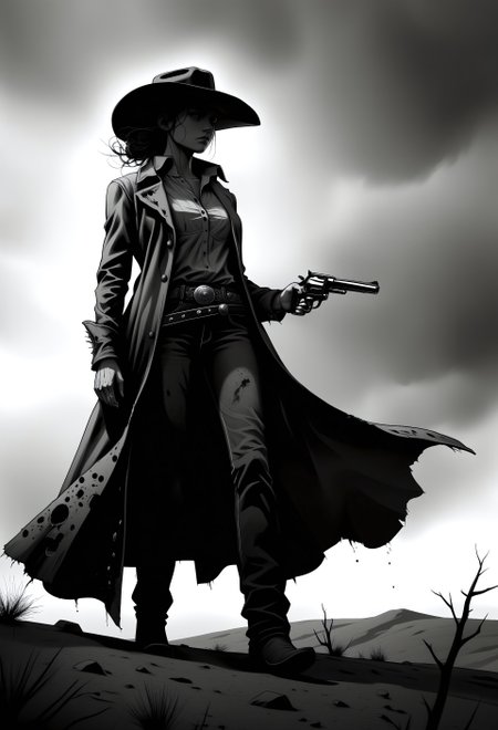 Monochromatic silhouette of a female cowboy, dramatic western style.  lone figure, confidently walking, holding a pair of revolvers.  Deep black silhouette against a stark white background with subtle gray splatters, wide-brimmed cowboy hat, a long, flowing coat, classic western attire, prominent belt.  Expression is stoic and determined, exuding a sense of quiet strength and confidence. strong and capable figure illustrative, resembling hand-drawn black and white graphic novel art.  Atmospheric mood, somber and slightly dramatic, conveying the atmosphere of a lone cowboy in the wilderness.   stark contrast, swm29, revolver