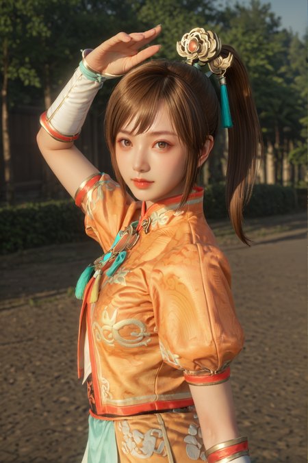 score_9, score_8_up, score_7_up, masterpiece, dynamic pose, <lora:Xiaoqiao_Dynasty_Warriors:0.8> 1girl, solo, brown hair, side ponytail, brown eyes, chinese clothes, hair ornament, outdoors, half body shot, looking at viewer