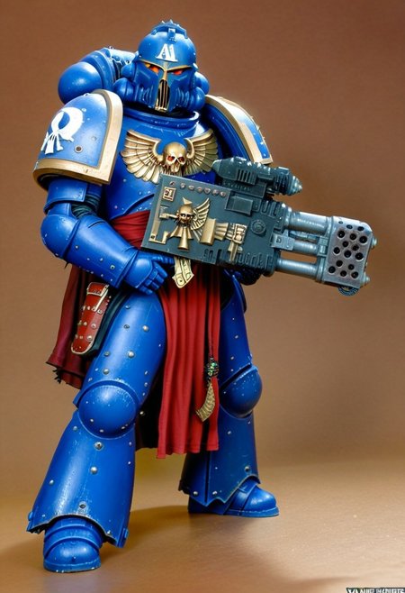 Score_9_up, absurdres, source: GamesWorkshop, grimdark, gothic horror, an adeptus astartes Ultramarines space marine in armor and helmet wielding a melta gun