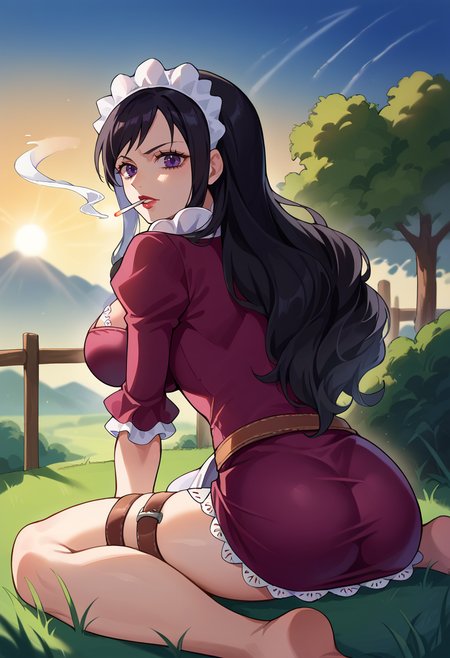 score_9, score_8_up, score_7_up, source_anime BREAK 1girl, solo, looking at viewer,
 <lora:Baby5PdxlDwnsty-000008:1>, bbyfive, purple eyes, black hair, long hair, lipstick, maid headdress, maid, dress, purple dress, thigh strap, belt, cleavage, collarbone, cigarette, 
large breasts, smir, from behind, back, ass, w sitting, wariza, 
outdoors, blue sky, grass, tree, nature, sunlight,  <lora:Wariza__Concept_Lora:1>,
