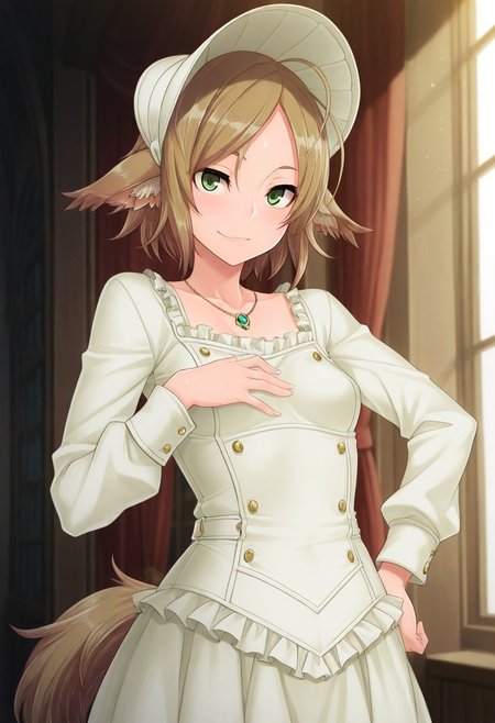 (1girl, solo) noa riads, animal ears, Green Eyes, tail, brown hair, short hair, Pretty eyes, , 1girl, solo,, brown hair,, fluffy tail, ahoge, animal ears, dog ears, small breasts, swept bangs , green eyes, animal ears, tail, , ,
Eye focus , shiny skin, shiny body, shiny hair, (best quality) , (highly detailed) ,((masterpiece)), ((best quality)), (ultra-detailed), ((extremely detailed)), (high resolution), 4K, (8K), best quality, (beautiful), (dynamic lighting), (super detailed skin), sharp focus,detailed eyes、detailed face and detailed skin detailed eyes、detailed face and detailed skin,  , clear skin, shiny hair, ultra detailed eyes, depth of field, sharp, intricate details, hyperdetailed, , 
, best quality, (beautiful), (dynamic lighting)  (standing, 3/4 view), perfect face, beautiful face, defined cheekbones, defined jawline, confident expression, narrow eyes, one hand on hip, perfect hands, 5 fingers, slender waist, Victorian dress with white frills, bonnet hat, , necklace,
  ,, shindol style