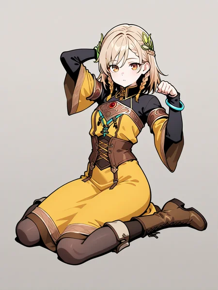 perfect quality,best quality,absolutely eye-catching,ambient occlusion,raytracing BREAK
1girl,<lora:rutea IL v1.2:0.8>,rutea,brown eyes,medium hair,braid,hair ornament,black shirt,yellow dress,wide sleeves,bracelet,boots,pantyhose,solo,long skirt,, front view,bust,prone_bone,paw_pose,arm_behind_head,wariza,