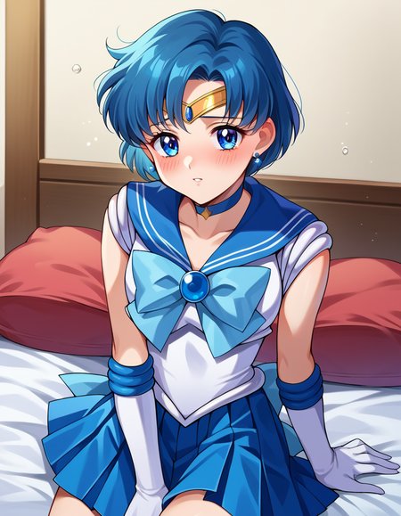 score_9, score_8_up, score_7_up, source_anime,
sailormercury, <lora:sailor-mercury-ponyxl-lora-nochekaiser:1>
sailor mercury, blue eyes, blue hair, short hair, parted bangs,
back bow, blue bow, blue choker, blue sailor collar, blue skirt, bow, choker, earrings, gloves, jewelry, magical girl, miniskirt, pleated skirt, sailor collar, sailor senshi uniform, skirt, stud earrings, tiara, sleeveless,
indoors, bed, bed room, on side, blush, drunk,
looking at viewer, cowboy shot, dutch angle,