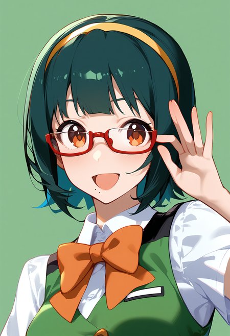 1girl,
otonashi kotori,


mole under mouth, solo, red-framed eyewear, medium breasts, white shirt, orange bowtie, under-rim eyewear, bespectacled, adjusting eyewear, bowtie, yellow hairband, green background, orange bow, blush, breasts, semi-rimless eyewear, short hair, collared shirt, looking at viewer, green hair, smile, hairband, hand up, mole, short sleeves, shirt, vest, orange eyes, yellow vest, bow, glasses, open mouth,

sfw
<lora:a31_char_new_otonashi_kotori-000022:1> <lora:a31_style_koni-000010:0.8>