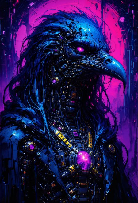A fantastic bo-chromatic cyborg art splash in the style bo-cyborgsplash of, a digital illustration in a fantasy genre, showcasing a raven-like figure with a dark, almost regal appearance, the raven's head is prominently displayed, with a large, curved beak and piercing, glowing pink eyes, its feathers are dark blue, and its face is adorned with intricate, metallic details, giving it a mysterious and otherworldly look, the figure's attire is a dark cloak with a hood, which is also adorned with gold and purple accents, adding to its regal and mystical aura, the cloak is draped over a man's shoulders, and the man's chest is visible, adorned with numerous ornate, mechanical elements, including a skeleton-like structure and glowing purple gemstones, the background is a surreal, neon-lit scene with geometric shapes and a glowing purple light, creating a sense of depth and mystery, the overall color palette is dominated by deep blues, purples, and pinks, enhancing the ethereal and mystical atmosphere, the texture of the illustration is smooth and polished, typical of high-quality digital art, colorful art cyberpunk splash, high quality, ultra detailed.<lora:boFLUX Chromatic Abyss.safetensors:1.0:1.0> <lora:boFLUX Cyborgsplash.safetensors:1.0:1.0>