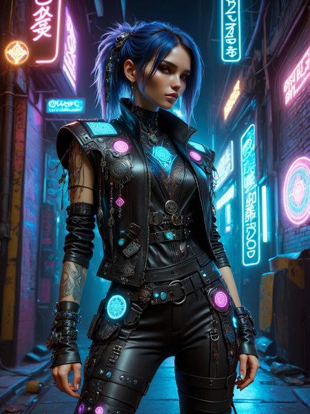 woman, cyberpunk, streetmage, vest with ornaments, leather pants, scrap with magic pattern,  hologram, neon light, cyberpunk alley at night <lora:Cyberpunk_Techno-Mages_SDXL:0.8>, (masterpiece:1.2), best quality
