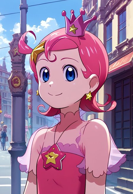 score_9, score_8_up, score_7_up,source_anime,street view, city view,komettosan, crown, head star accessory, ear accessory, female, pink hair, short hair, blue eyes, one piece dress,smile,upper body