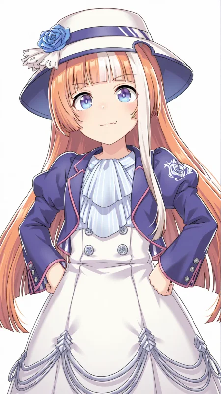 <lora:akikawa_yayoi:0.8>,akikawa yayoi \(umamusume\),bangs,blue eyes,brown hair,eyebrows visible through hair,long hair,very long hair,multicolored hair,streaked hair,white hair,hat,white hat,white bow,skin fang,long sleeves,dress,striped,blue rose,white dress,blue jacket,striped bowtie,simple background,cowboy shot,light smile,pose,
