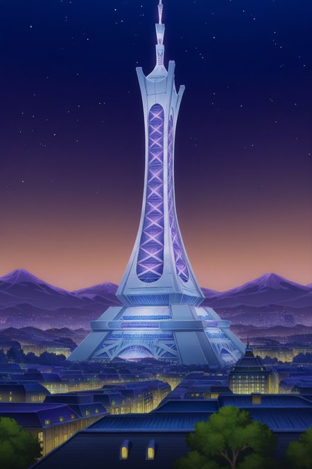 anime, animification, anime screencap, anime coloring, vivid colors, depth of field, high quality, highres, lumiose city, outdoors, ((sky)), tree, no humans, night, building, star, prism tower, tower, night sky, scenery, starry sky, mountain, city, cityscape, landscape, city lights
 <lora:Lumiose_city-10:1>