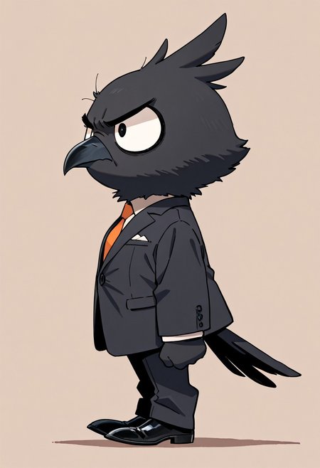 masterpiece, best quality, simple illustration, 1crow, full body,  huge eyes, loocking away, side view, cartoon, no human,  grumpy, fluffy, small, cute, wearing a suit