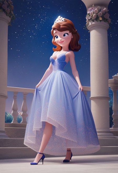 princess Sofia,brown hair,blue eyes,score_up_8, score_up_9, 1girl, solo, medium breasts, 18 years old, sky blue night gown,provocative, seducatuve smile, high heels, high quality, 8k,best quality, HD, masterpiece, in royal garden, nigh sky,starry night,