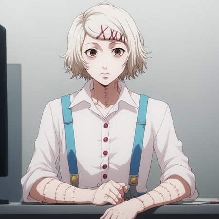 <lora:Slimes_Juuzou-000003:1>,  score9_up, score8_up, score7_up, score6_up, slimes_Juuzou, solo, frowning, brown eyes, stitches, suspenders, button up shirt, office background