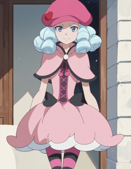 score_9, score_8_up, score_7_up, anime screencap, solo,1girl, pink headwear, light blue hair,    medium hair, smile,  striped pantyhose, standing, ringlets, looking at viewer, pink dress, blue eyes, cowboy shot,<lora:hosshiwa:0.8>