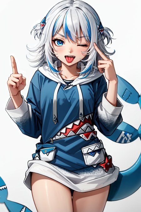 best quality, intricate details, 

1girl, white hair, blue eyes, sharp eyes,messy hair, blue highlights, sharp teeth, 

blue hoodie, shark teeth design, bare legs, hair ornament, gawr gura, shark girl, shark tail, shark print, blue hoodie, sharp teeth, shark hair ornament,  <lora:gawrGuraHololive_v3:0.8>  <lora:akanbeFace_akanbev1:0.8> akanbe, finger to eye, one eye closed, tongue out,