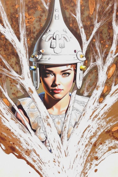 chenu1 illustration. 
This image is a digital illustration with a surreal, fantastical style, blending elements of surrealism and fantasy. The central figure is a person with short, spiky brown hair and piercing eyes, wearing a white, futuristic-looking helmet or mask with a stylized design, suggesting a blend of ancient and modern elements. The figure is positioned in the center, with a dramatic, intense expression. <lora:chenu2_poster_cap_d6a3:1.0><lora:822573678706547356:0>