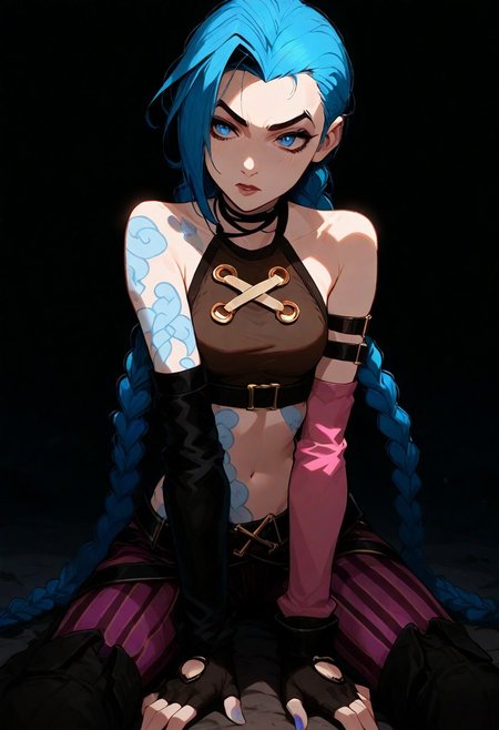 1girl, jinx ,  solo, dark,  masterpiece, best quality, very aesthetic,    1girl, blue hair, jinx outfit, two braids, striped pants, pants, brown crop top, gloves, blue and pink nails, black belt, black boots, necklace, twins braids, bare shoulder, fingerless gloves, single elbow glove, tattoo, arcane art style, long hair, black eyeliner, black eyebrow, long hair, striped pants, solo, braid, crop top, very long hair, blue hair, asymmetrical braids, striped, arm tattoo