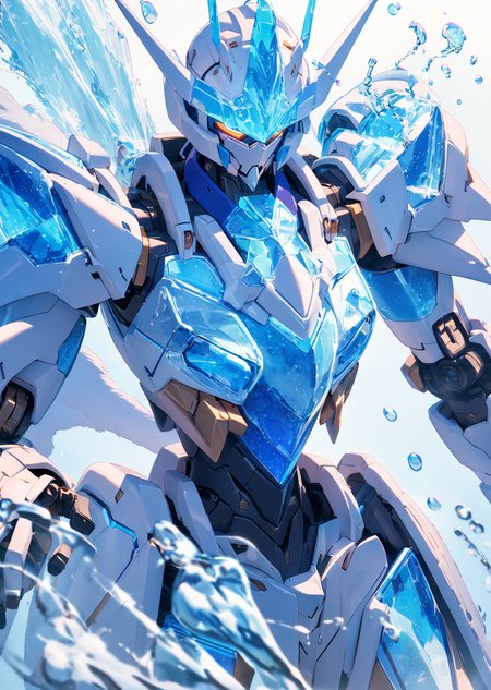 masterpiece, best quality, very aesthetic, absurdres  
recent cinematic lighting minimal clean mecha robot
 transparent  armor, water
ice cold freezing 
wind
snow
