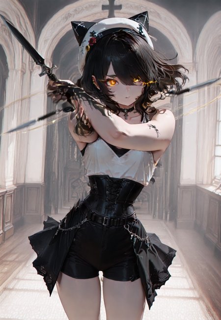 masterpiece, newest, absurdres, best quality, amazing quality, very aesthetic, ultra-detailed, highly detailed, BREAK 1girl, solo, asian, ku-mi, black hair, pointy ears, forearm tattoo, dark brown eyes, small breasts, black hair, choker, medium hair,Gothic style, white hoodie, inverted cross, lace high collar, black corset vest, black fishbone skirt, black shorts, black Mary Jane shoes, cross necklace, black bell-shaped hat, rose brooch, belt, sleeves with black cross pattern, BREAK depth of field, ambient occlusion, (diffuse glow:0.2), cinematic lighting, detailed background, close-up, indoor, interior, room,  dagger_cloud_(magic), floating dagger, spinning wind, magic dagger, dynamic pose, many dagger, magic, glowing, spinning dagger, cowboy shot, hair over one eye, black background, looking at viewer, collarbone, bare shoulders, bare thighs, black glowing eyes, gew, eye trail,GF-Illu, holding dagger, detailed arms, detailed hands, 